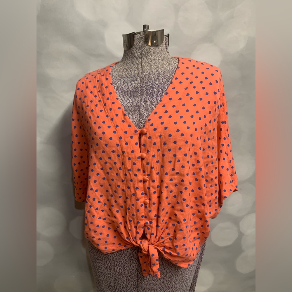 Sim & Sam orange blue heart tie front covered button top
